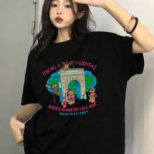 TEMU 여성용 봄/여름 블랙 크루넥 루즈핏 캐주얼 활용도 높은 미디 기장 귀여운 곰과 레터링 프린트 반팔 티셔츠