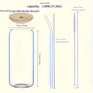TEMU 4개 세트 (550ml 물컵 1개, 뚜껑 1개, 유리 빨대 1개, 빨대 브러쉬 1개) 21.3온스 (약 603.8그램) 고 붕규산 드링킹 컵, 귀여운 재사용 가능한 보바 병, 아이스 커피 컵, 티 컵, 레스토랑에 적합