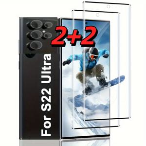 TEMU 삼성 갤럭시 S22 울트라 5G용 2+2 강화유리 액정保护フィルム, 강화유리 액정保护フィルム 2개 + 렌즈保护フィル름 2개 포함, S22 울트라 5G용 9H 강화유리 액정保护フィルム, S22 울트라 렌즈保护フィル름, 사운드웨이브 기술 지문 인식 지원, S22 울트라 액세서리, HD 선명함, 낙하 방지, 스크래치 방지, 간편한 설치