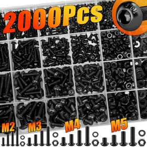 TEMU M2, M3, M4, M5 규격의 머신 나사, 볼트, 너트가 포함된 2000개 메트릭 나사 세트. 탈부착 방지 플랫 와셔 포함. 10.9 등급 합금강으로 제작되었으며, 블랙 육각 원형 헤드 디자인 특징.