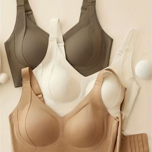 TEMU 여성용 심리스 통기성 무선 스포츠 브라 3개 세트 - 풀 커버리지, 미끄럼 방지, 리프트 지원, 편안한 핏과 리브 디테일, 나일론과 엘라스탄 혼방, 손세탁 가능 - 우아한 솔리드 컬러
