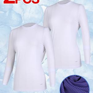 TEMU [2PCS] 여성 시원한 쿨링 냉감 아웃도어 레이어드 긴팔 라운드 티셔츠(W5OPST08)
