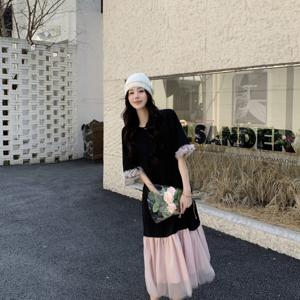 TEMU 2026 여름 신상 스타일/스플라이스 블랙 티셔츠 원피스 한국 캐주얼 나이감 줄이기 미디 기장 스커트