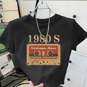 TEMU 빈티지 카세트 테이프와 1980년대 빈티지 소울 프린트 여름 여성 핫셀링 크롭탑 핏티드 탑 우아한 프린트 여성 의류
