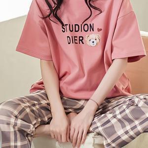 TEMU 새로운 봄, 여름, 가을 여성용 카툰 레터링 반팔 라운드넥 상의와 체크 프린트 긴바지 파자마 세트