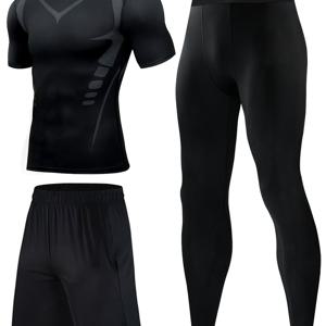 TEMU 3pcs 남성용 컴프레션 운동 세트, 반바지, 레깅스, 반팔 셔츠, 통기성 좋은 속건성 흡습성 피트니스 트레이닝 웨어, 헬스장 러닝 농구 장비, 러닝 운동에 적합, 땀 방지