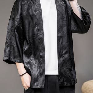 TEMU 남성용 기모노 가디건 중국 전통 용 셔츠 얼룩 오픈 프론트 3 4 Yukata