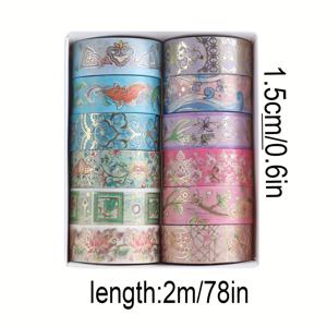 TEMU 12롤 박스형 금박 와시 테이프 2m 길이 15mm 폭, 수제 노트북 스티커 DIY 재료 뷰티 패턴 테이프