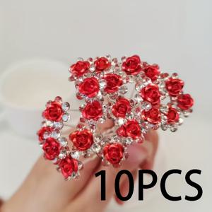 TEMU 10개입 여성용 U자형 빨간 장미 헤어 액세서리, 라인스톤 장미 신부 헤어핀, 땋은 머리, 갈라진 머리 바늘, 간편하고 다용도 데일리 웨딩 및 학교 시즌 헤어 장식