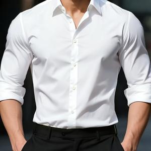 TEMU 봄 신상 남성 비즈니스 셔츠 - 주름 방지 스트레치 솔리드 컬러 드레스 셔츠, 심플 데일리웨어, 내구성 높은 고품질 스티칭, 매끄러운 질감, 클래식 블랙, 화이트, 블루 컬러, 아이스 실키 섬유 원단, 통기성 및 땀 방지, 남자친구를 위한 이상적인 발렌타인데이 선물