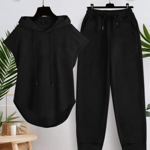 TEMU 신상 핫 런칭! 블랙 솔리드 컬러 민소매 후드티 & 조거 팬츠 세트, 편안하고 캐주얼한 스타일 투피스 세트, 여성용 봄 여름 패셔너블 캐주얼 민소매 후드티 세트