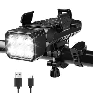 TEMU USB 충전식 자전거 전조등 및 휴대폰 홀더 (보조 배터리 및 경적 기능 포함) | 5+3 모드 전후방 조명 세트 | 자전거 헤드라이트 | 도로 및 산악자전거용