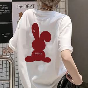 TEMU 여성용 Y2K 만화 토끼 & 글자 프린트 티셔츠 - 화이트 레드 디자인, 릴랙스 H라인 핏 반팔 라운드넥 탑, 봄 여름 가을 캐주얼 웨어, 부드러운 질감 Unisex, couples style