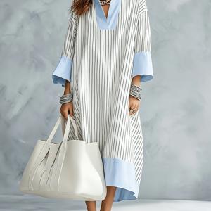 TEMU ZLLZ 신상 봄/여름 여성 패션 라펠 브이넥 세로 셔츠 스타일 미디 원피스, 라이트 블루 대비 색상 스플라이스 여성 드레스, 데일리 출퇴근, 캐주얼 오피스, 주말 외출용