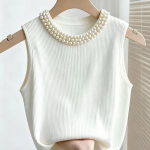 TEMU Women's Fashion Ribbed Pearl Embellid Solid Color Tank Top