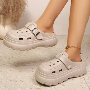 TEMU 여성 패션 캐주얼 단색 싱글 버클 하이힐, 구멍 펀치 슈즈, 힐 높이 5.5Cm, 플랫폼 높이 4Cm, 가볍고 부드럽고 편안한 사계절 착용, 통기성 향상을 위한 홀 디자인, 실내용, 여성 신발