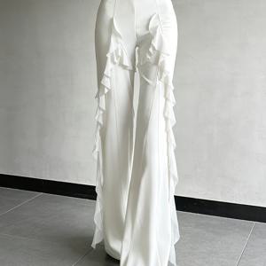 TEMU 여성 화이트 Y2K 레트로 패션 슬림핏 러플 트림 플레어 팬츠, 다용도 및 편안함, 봄/여름/가을 패션 스타일, 간편한 단색 디자인, 편안한 착용감, 탄성 있는 편안한 핏