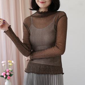 펄 망사 티셔츠 / 시스루 하이넥 프릴  레이어드 이너티 MTS102