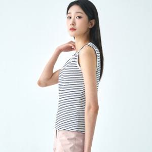 [지센] (2컬러) 자수 스트라이프 배색 슬리브리스 티셔츠 LSTSO453