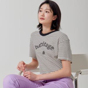[지센] (2컬러) 스트라이프 자수 포인트 뒷리본 장식 반팔 티셔츠 LCTSP329