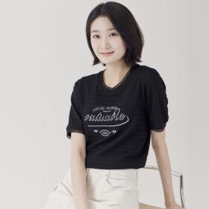 [지센] (2컬러) 투명사 시보리 배색 자수 포인트 라운드 반팔 티셔츠 LFTSP305