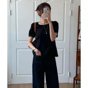 DRAWFIT WOMEN [드로우핏우먼 X 꾸니] 캄파눌라 퍼프 슬리브 블라우스 [BLACK]
