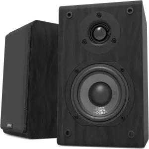 LONPOOO 패시브 책장 스피커 75W x 2 클래식 나무 근거리 모니터 4인치 탄소 섬유 우퍼 및 1인치 실크 돔
