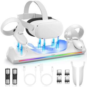 메타 퀘스트 2용 후라 충전 도크, 오큘러스 VR 스테이션, LED 표시등 / 마그네틱 헤드셋 및 터치 컨트롤러 지원, 충전식 배터리 2개, USB-C 충전기 케이블 2개 포함