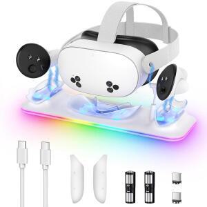 메타 퀘스트 3S/3용 충전 도크, 오큘러스 킨윈 마그네틱 충전소(RGB 라이트 포함), VR 헤드셋 및 컨트롤러용 스탠드(2개의 충전식 배터리 포함) (흰색)