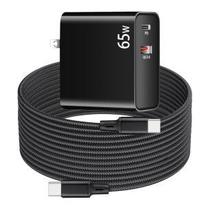 메타 오큘러스 퀘스트 3, 3 2와 호환되는 PD 65W USB C 초고속 VR 충전기 - 6.6피트 C에서 C까지 충전 케이블이 있는 듀얼 포트 + 타입 어댑터, Pico 4 울트라 헤드셋, 블랙