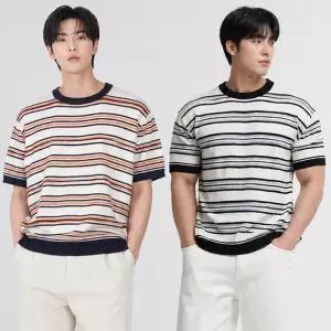 [디바옴므]썸머 단가라 니트 반팔 라운드 티셔츠 남성 남자 스트라이프