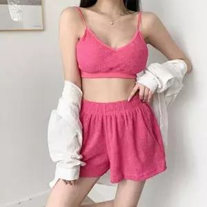[옷자락]여자 비치웨어 테리 소재 브라탑 밴딩 팬츠 여름 휴가 수영복 세트