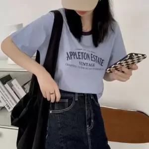 배색티셔츠 라운드반팔티 여름 여성 레터링 반팔티 숏티셔츠 세미크롭 티