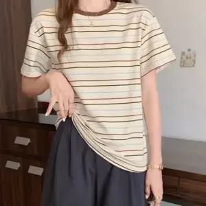 라운드 스트라이프 여자반팔티셔츠 여자여름니트티 여성라운드반팔티 카라티