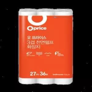 [오프라이스] 3겹 천연펄프 27M 36롤 6롤 늘어난 화장지 대용량 사무실