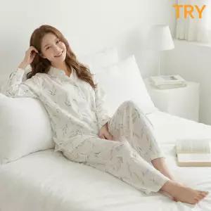 트라이 여성용 순면 100% J09 주름지 긴팔 파자마 상하세트 얇고 시원한 여름 홈웨어