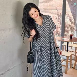 스트라이프 반팔 셔츠 롱 원피스 카라넥 루즈핏 여성 빅사이즈