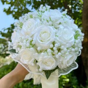 신부를위한 웨딩 부케 Babysbreath 로즈 신부 들러리 실크 리본 발렌타인 데이 장식 진주 레이스 메쉬 선물