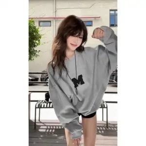 여친 회색 맨투맨 티 셔츠 빈지 자수 라운드 봄가을 상의 ST3