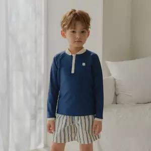BAY-B 남아용 마린블루 래쉬가드 상하의+수영모 세트