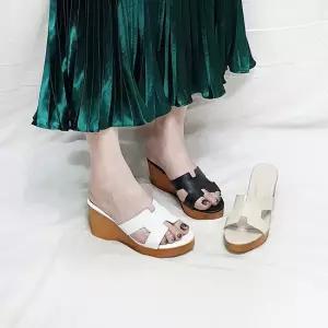 디아슈즈 지나 국산 H스트랩 통굽 웨지 키높이 슬리퍼 8cm