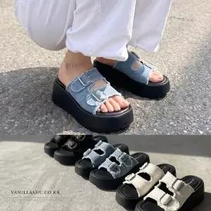 [바닐라슈] 여성 로필즈 2벨트 프린지 키높이 통굽창 슬리퍼(6cm)
