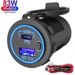 노트북 차량용 충전기 소켓 RV 방수 전원 스위치 포함 83W 12V USB 콘센트 65W PD QC3.0