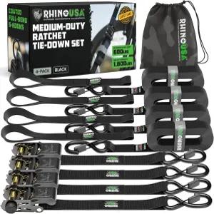 Rhino USA 래칫 스트랩 타이 다운 4팩 - 1인치 x 15피트 1 823파운드 파손 강도 트럭 화물 이동 가전제품용