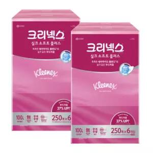 크리넥스 실크소프트 250매 6입 2팩 총 12개 천연펄프 미용티슈 각티슈 곽티슈