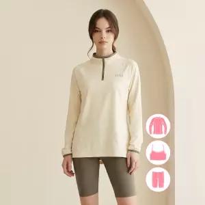 베이직엘르 여성인 베이지 반집업 래쉬가드 워터레깅스 세트 BEL-Z205A
