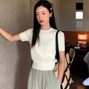 여자여름니트티 반팔티셔츠 여성티셔츠 꽈배기 캐주얼 스타일 여자반팔면티