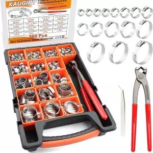 360Pcs 16 사이즈 304 스테인리스 스틸 스텝리스 싱글 이어 호스 클램프 모음 키트 5.3-36.1mm 조절 가능