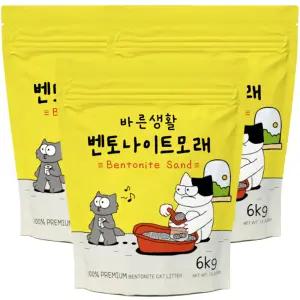 바른생활 벤토나이트 고양이모래 무향 6kg x 3개