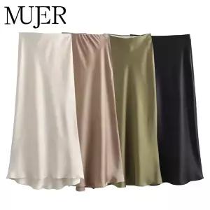 MUJER 여성 2026 새틴 스커트 여성 하이웨이스트 롱 스커트 여름 블랙 미디 오피스 우아한 여성용